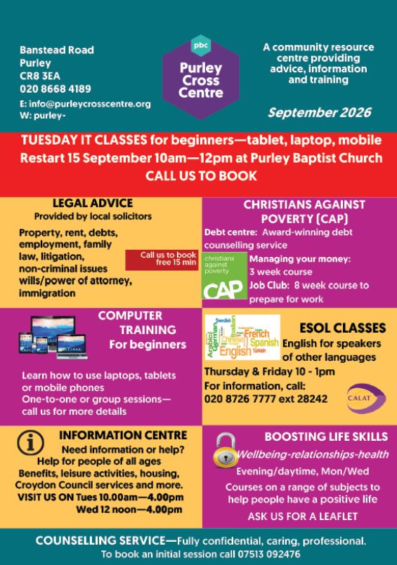 inPurley's tweet photo. Purley Cross Community Information Centre is a fantastic community resource, providing #advice, #information and #training for residents of #Purley and surrounding areas.
Check out what's happening in September 2026. #inPurley #DestinationPurley
@CroydonVA @PurleyCllrs https://t.co/Fkk4bJ9WWR