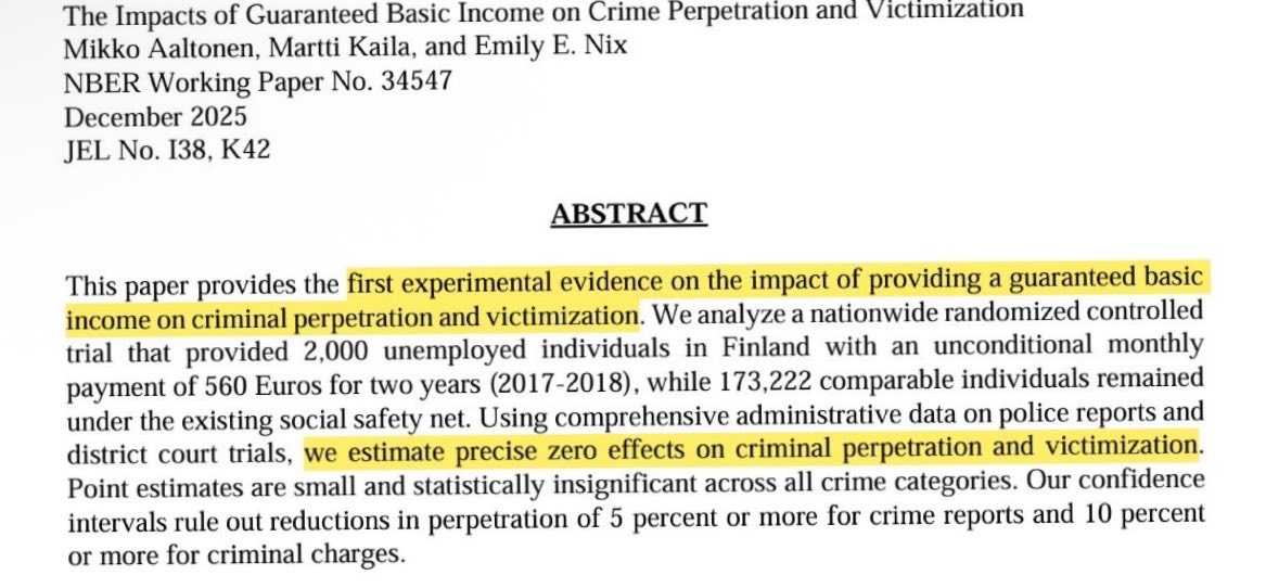 HqndL's tweet photo. @omgsidewalks @meltalkschels This is a lie. Finland gave an extra €560 as well as the already established social safety net to 2000 unemployed individuals. They found 0 effects on criminal perpetration and victimisation. They committed just as much crime as those who didn’t receive the money. https://t.co/sTYQQvPcwB
