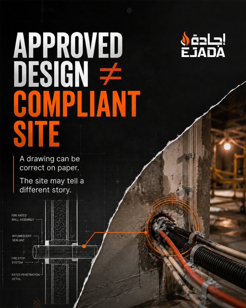 ejadasafety's tweet photo. Approved Design vs Compliant Site: Why Fire Safety Verification Cannot Stop at the Drawing

What is the first thing you would verify after reaching site?
#FireSafety #FireEngineering #LifeSafety #SiteInspection #FireProtection #UAEConstruction #EjadaSafety #EjadaSafetyUAE https://t.co/aKXtodEAnC