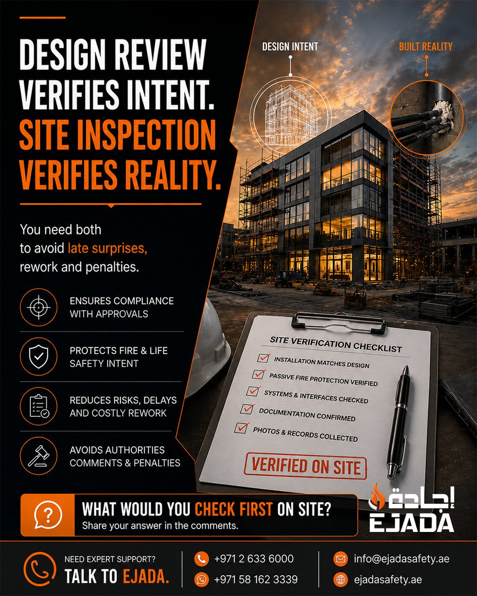ejadasafety's tweet photo. Approved Design vs Compliant Site: Why Fire Safety Verification Cannot Stop at the Drawing

What is the first thing you would verify after reaching site?
#FireSafety #FireEngineering #LifeSafety #SiteInspection #FireProtection #UAEConstruction #EjadaSafety #EjadaSafetyUAE https://t.co/aKXtodEAnC