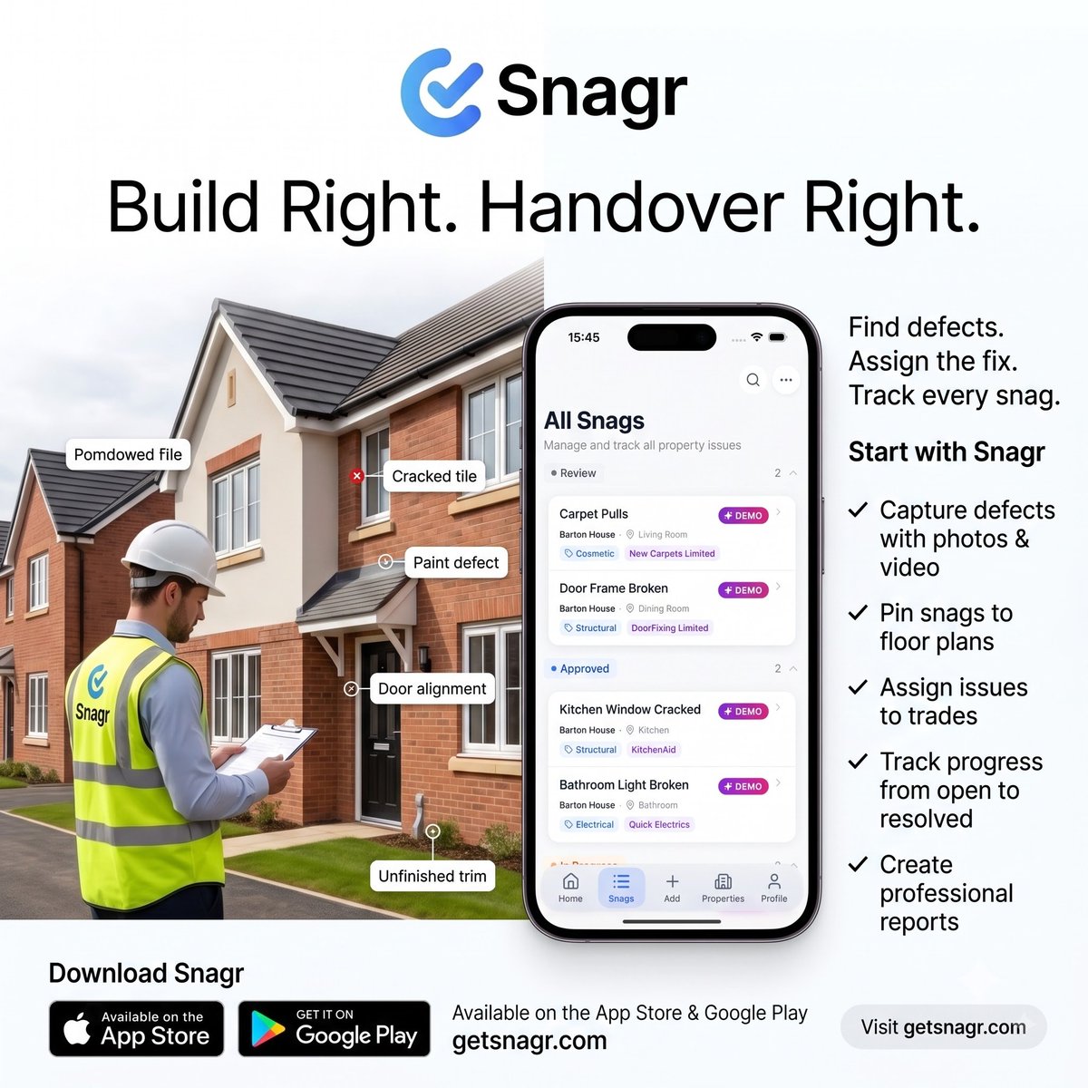 Snagr_app's tweet photo. 🏗️ Build Right. Handover Right.

Snagr helps house builders capture, assign and track snags across every plot — from defect to resolution.

📸 Photos &amp; video
📍 Floor-plan pins
🔧 Trade assignments
📊 Progress tracking

👉 https://t.co/XTT6ymrWVH
#Snagr #HouseBuilders #Snagging https://t.co/wJQKddVixS