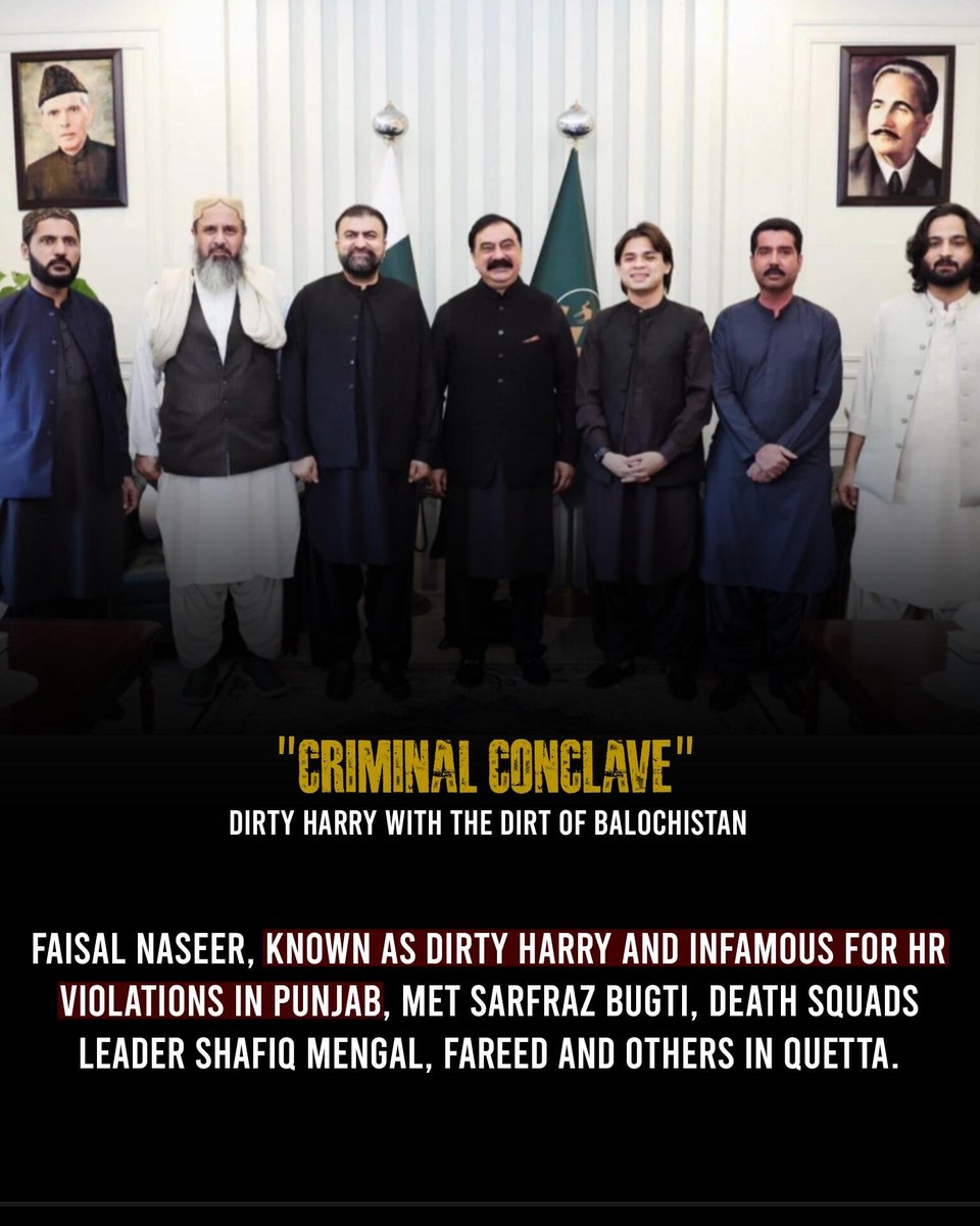 beoragbaloch's tweet photo. Criminal Conclave🚨🚨
NACTA chief Faisal Naseer, known as Dirty Harry and infamous for HR violations in Punjab, met Sarfraz Bugti, death squads leader Shafiq Mengal, Fareed and others in Quetta.
New games to unfold in Balochistan? https://t.co/30bKHAx8Mz