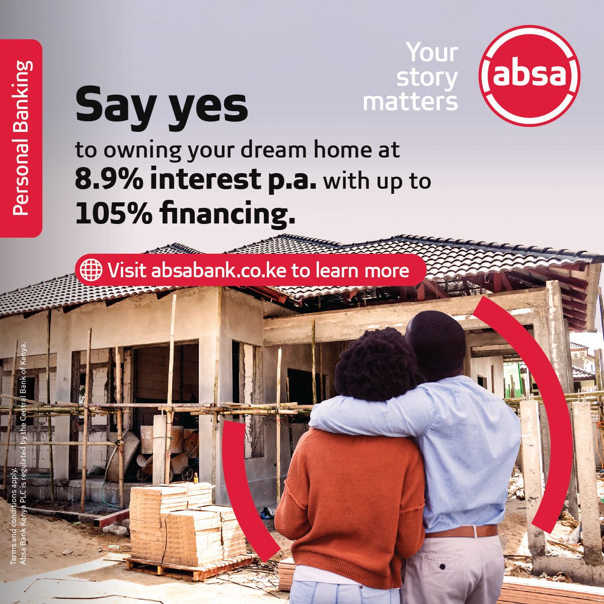 AbsaKenya's tweet photo. Own hao yako vile inafaa.

Na Absa Home Loan, enjoy rates from 8.9% p.a. and up to 105% financing.

Whether ni nyumba yako ya kwanza ama ni time ya ku-upgrade, sema yes to a home that matches your vision.

Click the link to apply today.