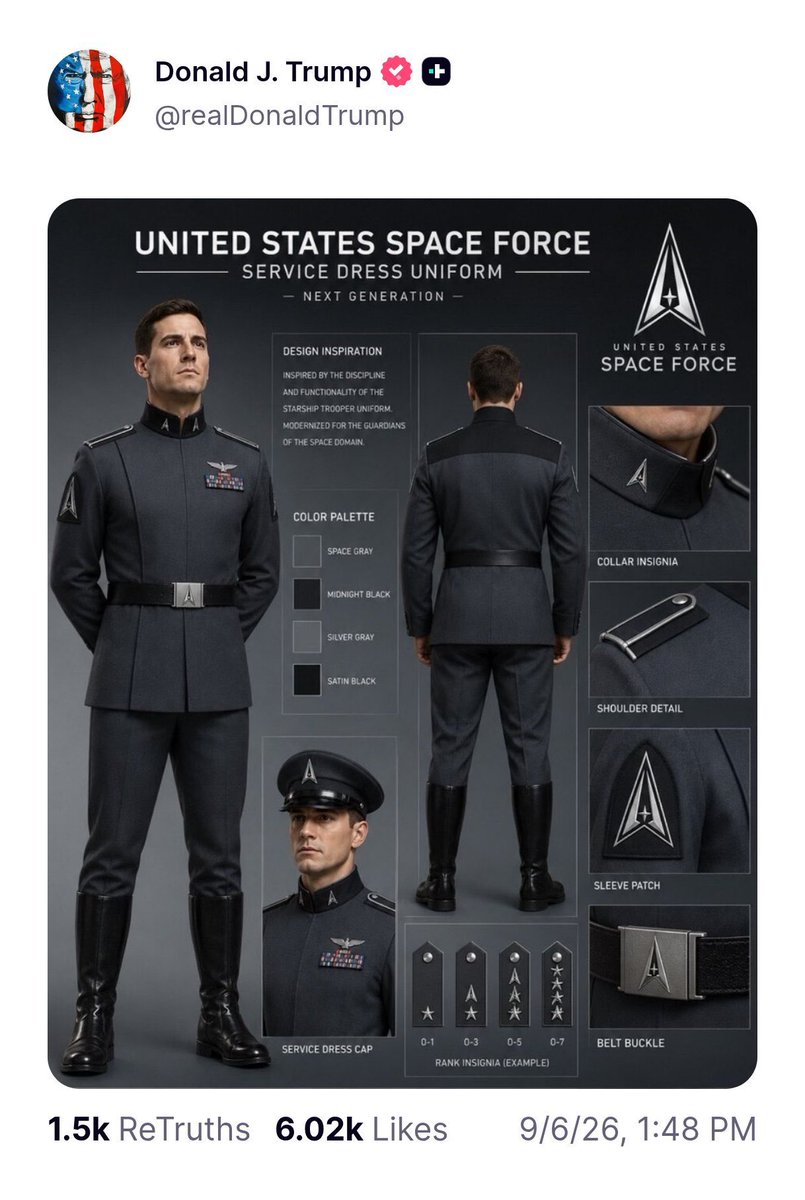 HarveyWall8angR's tweet photo. BREAKING: These brand-new US Space Force uniforms look vaguely familiar to me. https://t.co/MR3sizUrsS