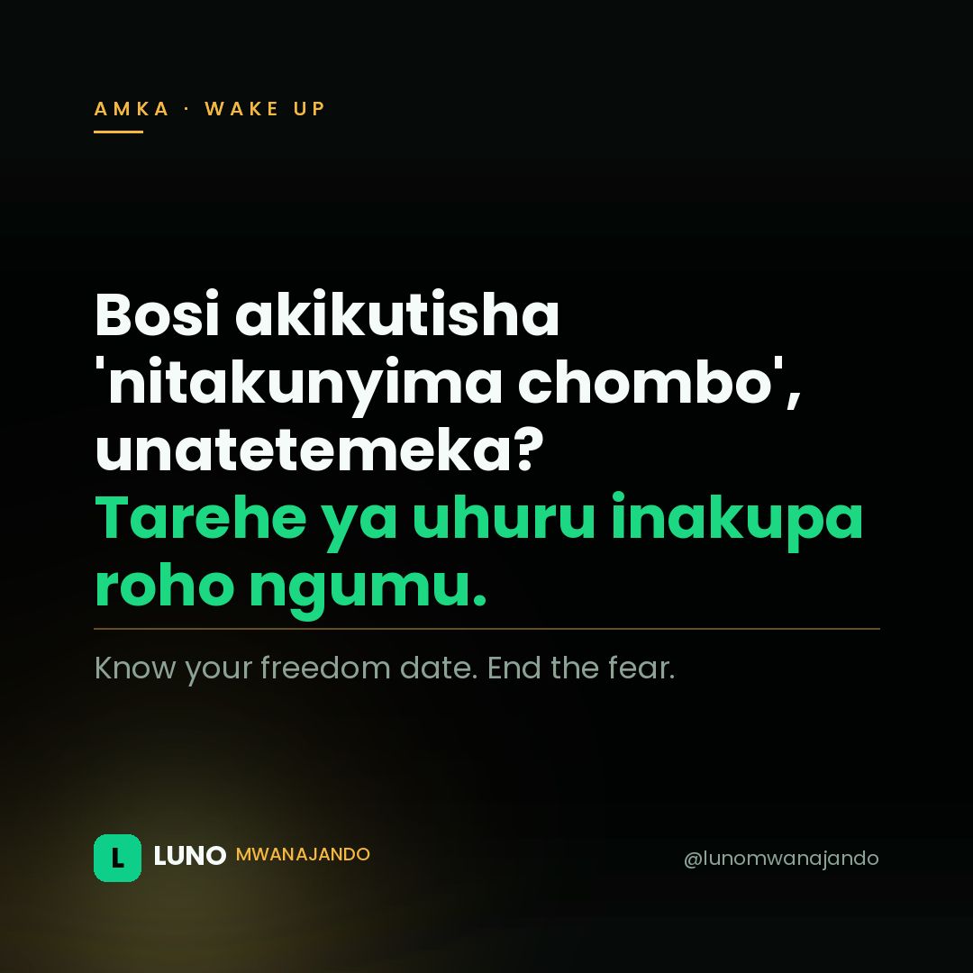 lunomwanajando's tweet photo. Bosi akikutisha 'nitakunyima chombo' unaanza kutetemeka? Inaisha lini hii hali? LUNO inakupa tarehe yako ya uhuru. Jua deni lako, ona linapungua. Roho ngumu haitetemeki. #LUNO #UhuruWaKifedha https://t.co/Qzt0ghlpJL