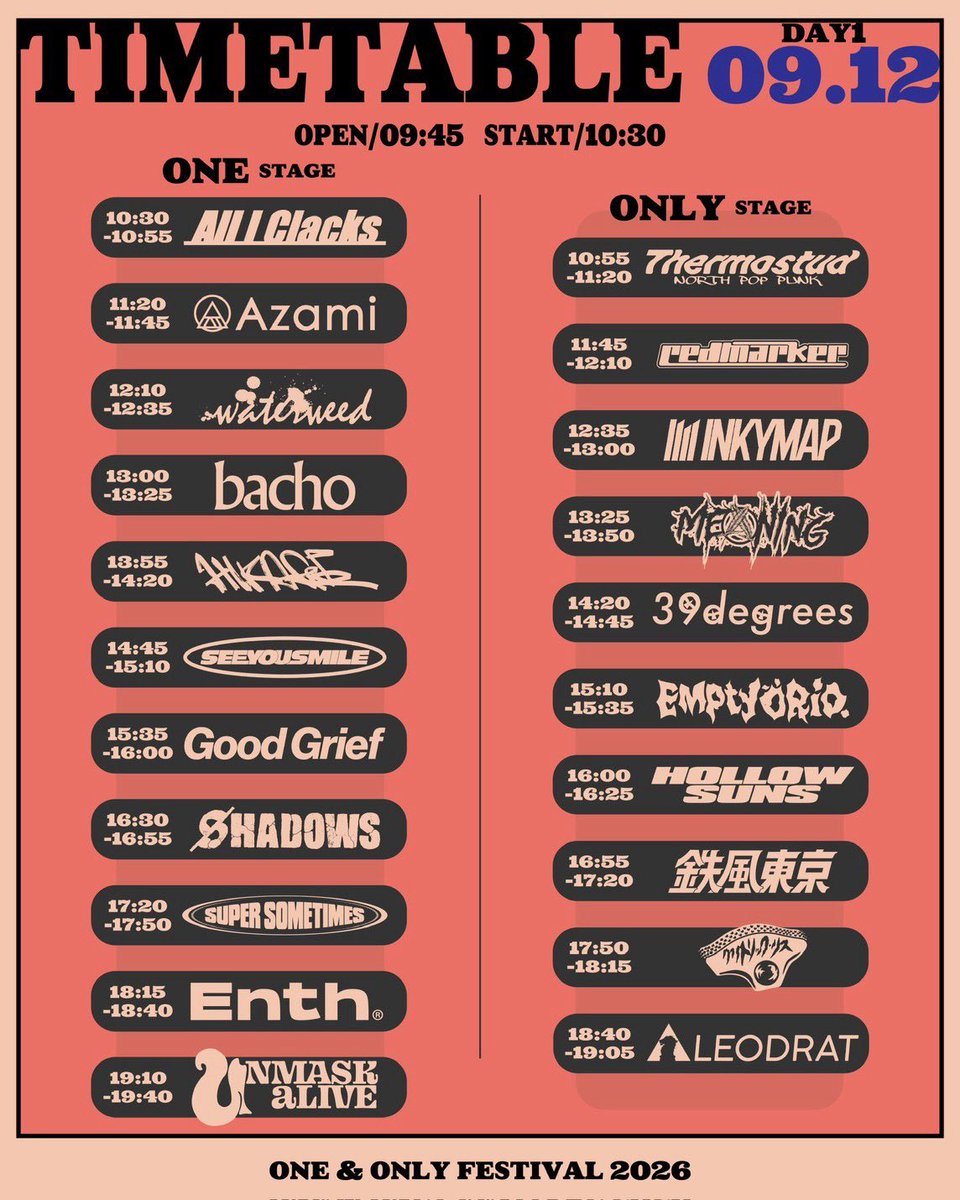 Shsjssrc's tweet photo. UNMASK aLIVE pre.
ONE &amp; ONLY FESTIVAL 2026

🎶 9/12(土)13(日)
 
両日出演 UNMASK aLIVE

🎼LINE UP🎼

12日出演
All I Clacks / Azami / bacho / EmptyORio / ENTH / Good Grief / HIKAGE / HOLLOW SUNS / INKYMAP / LEODRAT /MEANING / See You Smile / SHADOWS and more...

#ワンオーフェス https://t.co/jwrT7FVE0a