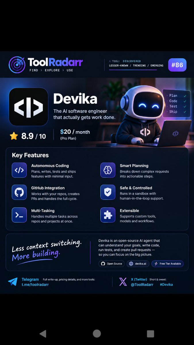 Tool_radarr's tweet photo. Post #86
Devika is an open-source AI software engineer that can plan, research, code, and execute development tasks. Self-hostable, extensible, and built for developers who want more control.
β 8.9/10
#Devika #ToolRadarr https://t.co/H2eID98sFE