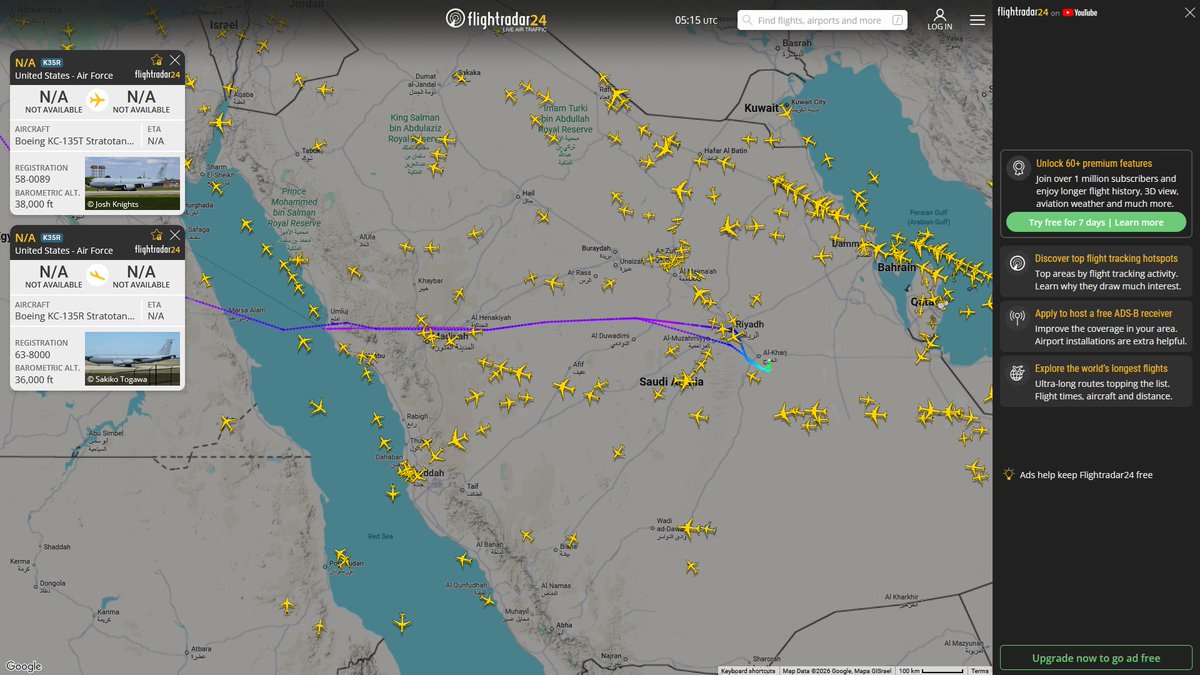 AIYeyENGDdJkjTr's tweet photo. Sept. 7, 2026
#Fairchild Air Force Base #Ramstein Air Base #Prince Sultan Air Base ==> #Prestwick
#NoCALLSIGN #AE0421 USAF KC-135T Stratotanker
#NoCALLSIGN #AE0671 USAF KC-135R Stratotanker
#Fairchild Air Force Base #Ramstein Air Base #Prince Sultan Air Base
#NoCALLSIGN #AE04CF USAF KC-135R Stratotanker
#Fairchild Air Force Base #Ramstein Air Base
#NoCALLSIGN #AE0686 USAF KC-135R Stratotanker