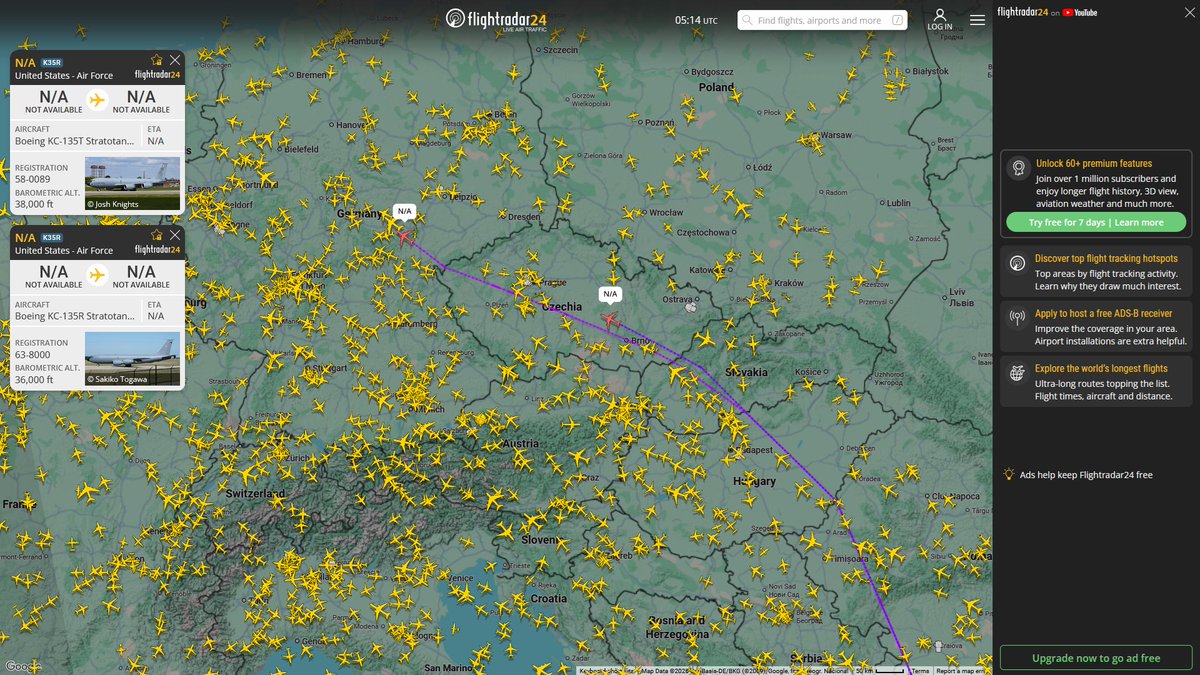 AIYeyENGDdJkjTr's tweet photo. Sept. 7, 2026
#Fairchild Air Force Base #Ramstein Air Base #Prince Sultan Air Base ==> #Prestwick
#NoCALLSIGN #AE0421 USAF KC-135T Stratotanker
#NoCALLSIGN #AE0671 USAF KC-135R Stratotanker
#Fairchild Air Force Base #Ramstein Air Base #Prince Sultan Air Base
#NoCALLSIGN #AE04CF USAF KC-135R Stratotanker
#Fairchild Air Force Base #Ramstein Air Base
#NoCALLSIGN #AE0686 USAF KC-135R Stratotanker