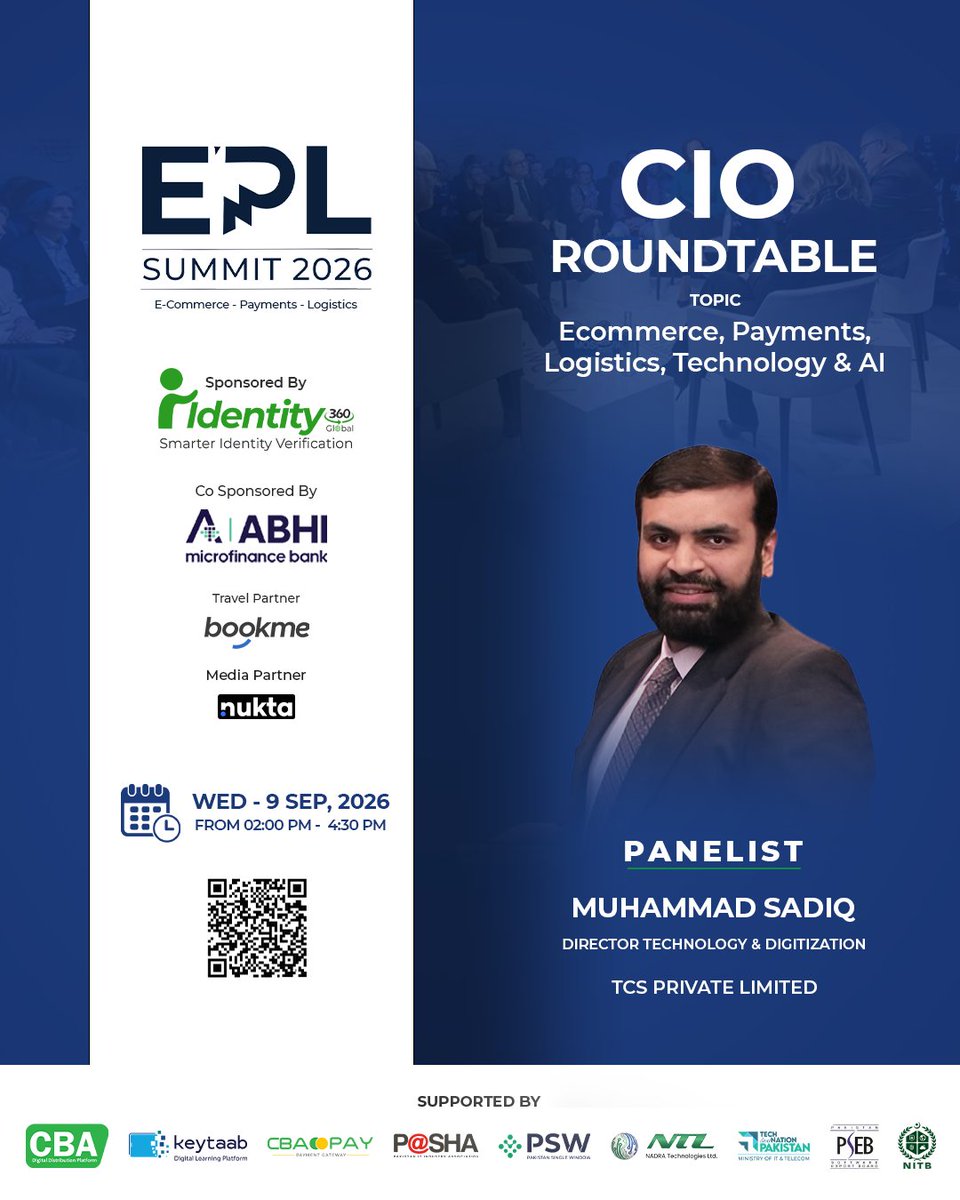 eplsummitpk's tweet photo. Introducing 𝗠𝘂𝗵𝗮𝗺𝗺𝗮𝗱 𝗦𝗮𝗱𝗶𝗾, 𝗗𝗶𝗿𝗲𝗰𝘁𝗼𝗿 𝗧𝗲𝗰����𝗻𝗼𝗹𝗼𝗴𝘆 &amp; 𝗗𝗶𝗴𝗶𝘁𝗶𝘇𝗮𝘁𝗶𝗼𝗻 at 𝗧𝗖𝗦 𝗣𝗿𝗶𝘃𝗮𝘁𝗲 𝗟𝗶𝗺𝗶𝘁𝗲𝗱, as a 𝗽𝗮𝗻𝗲𝗹𝗶𝘀𝘁 for the 𝗖𝗜𝗢 𝗥𝗼𝘂𝗻𝗱𝘁𝗮𝗯𝗹𝗲 at 𝗘𝗣𝗟 𝗦𝗨𝗠𝗠𝗜𝗧 𝟮𝟬𝟮𝟲 #EPLSummit2026#GhazanfarAliKhan https://t.co/uya59ECyDT