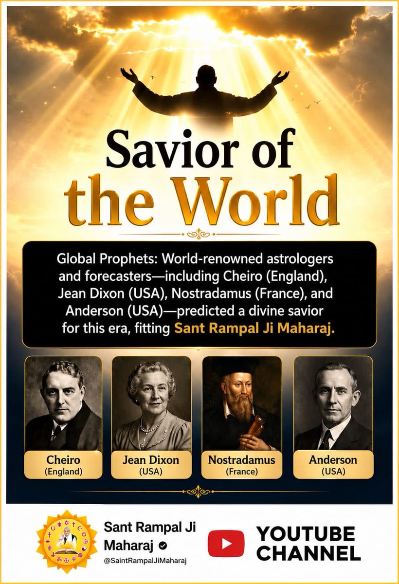 Deep_Ver_'s tweet photo. #धरती_पर_अवतार

THE AVATAR
NOSTRADAMUS PREDICTED:
That religious leader (Tatvdarshi saint) with the power of his religion i.e. with power of bhakti and through Tatvgyan would overpower all the nations.
That religious Leader is SANT RAMPAL JI MAHARAJ.
AVATARAN DIVAS 08/09/1951 https://t.co/K8h4YLl4w3