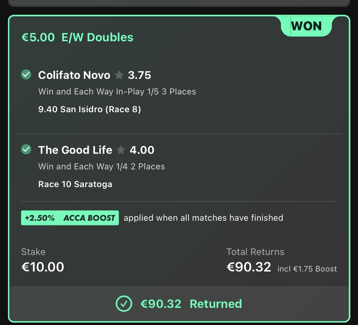 DocaDocaz1704's tweet photo. 👇🏻Last night overnight horse bet plus footy. We move till we die. All bets are placed on X.

Fuck VIPS. Have a great week ❤️ https://t.co/KiHmyXzurO