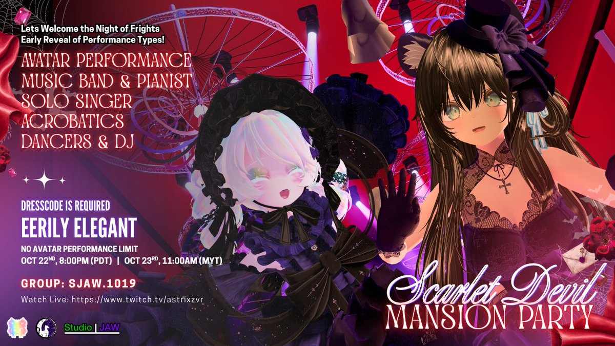 AstrixZVR's tweet photo. 🦇Scarlet Devil Mansion Party 26 🎃
Time: Oct 22nd, 08:00pm (PDT) | Oct 23rd, 11:00am (MYT)
DRESSCODE REQUIRED.
JOIN: https://t.co/AlixsKRU2Q
LIVE: https://t.co/bAPtJKSlb7
More details & performers will be revealed soon! ⭐️
#VRChat #Halloween #東方Project #Spookality https://t.co/4qhVkbPIYq