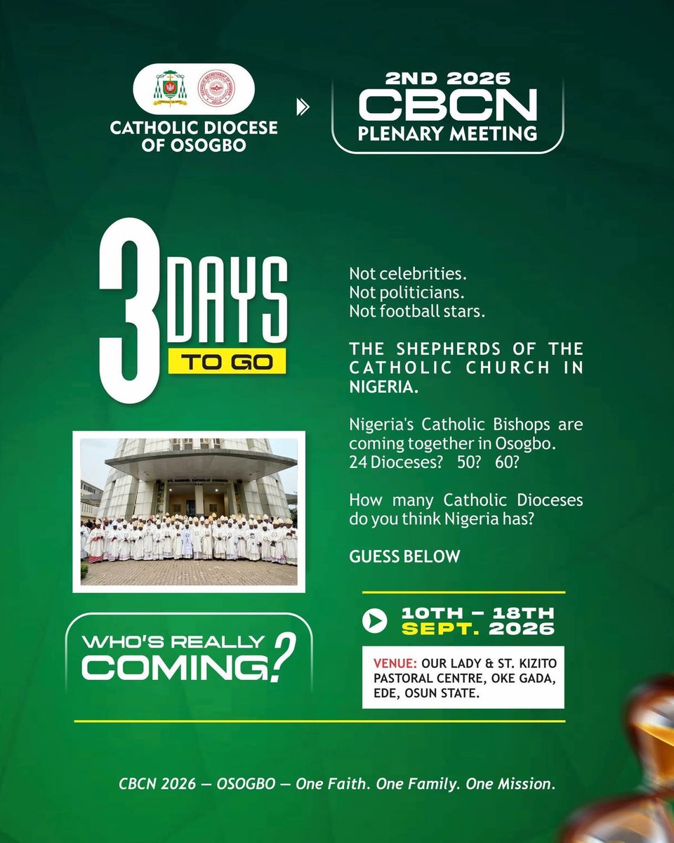 haywhyutd's tweet photo. 3 days to go
Osogbo diocese is ready.
#CatholicDioceseOfOsogbo
#CBCN https://t.co/q6h2PmqkaL