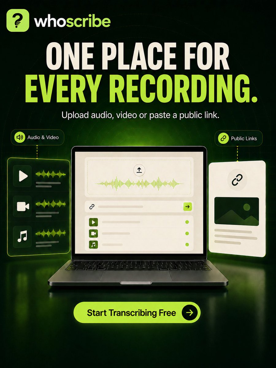 Whoscribe_ai's tweet photo. Audio here. Video there. Important links somewhere else?

Bring every recording into one workspace with WhoScribe. Upload audio or video, add a public link, then transcribe, search and reuse your content whenever you need it.

One place. Every recording. Zero chaos.
#WhoScribe https://t.co/vPsiohLiL9