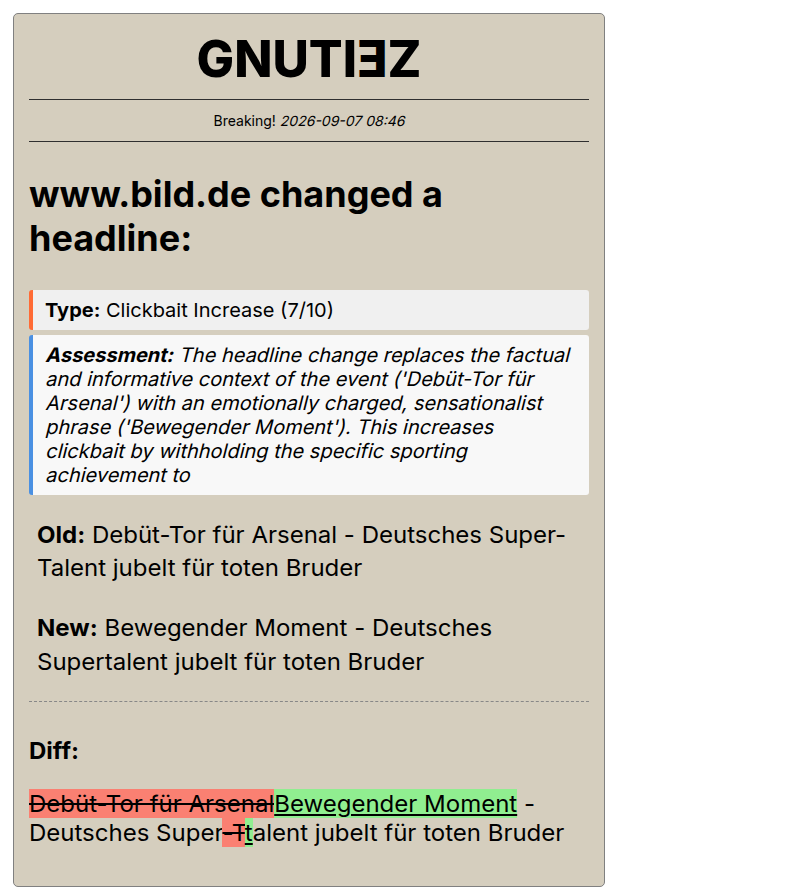 gnutiez's tweet photo. https://t.co/dmTSMWN9ch changed a headline.

⚠️ Clickbait+ (7/10) ⚖️

Instead of:
Debüt-Tor für Arsenal - Deutsches Super-Talent jubelt für toten Bruder

it now reads:
Bewegender Moment - Deutsches Supertalent jubelt für toten Bruder https://t.co/DiiY7lja7H