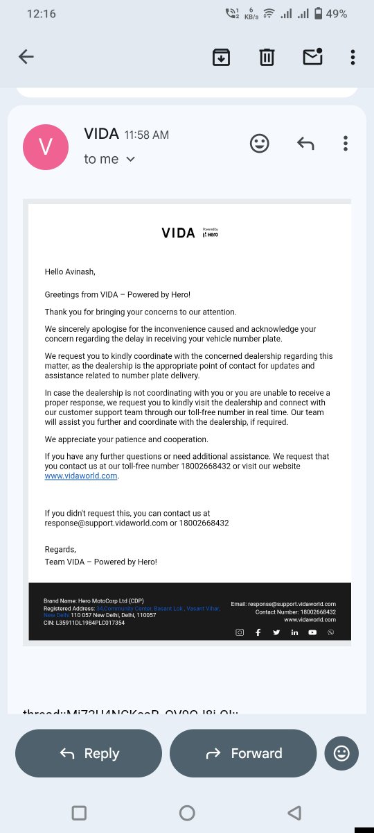 noelrover's tweet photo. @HeroMotoCorp purchased hero vida on July 2nd 2026, got vehicle registration number through message on 14th July. Contacted dealer several times for number plate but no proper response. Sent mail to the given mail id but got reply asking to connect with dealer. What is the use?? https://t.co/5qLcnDPTGD