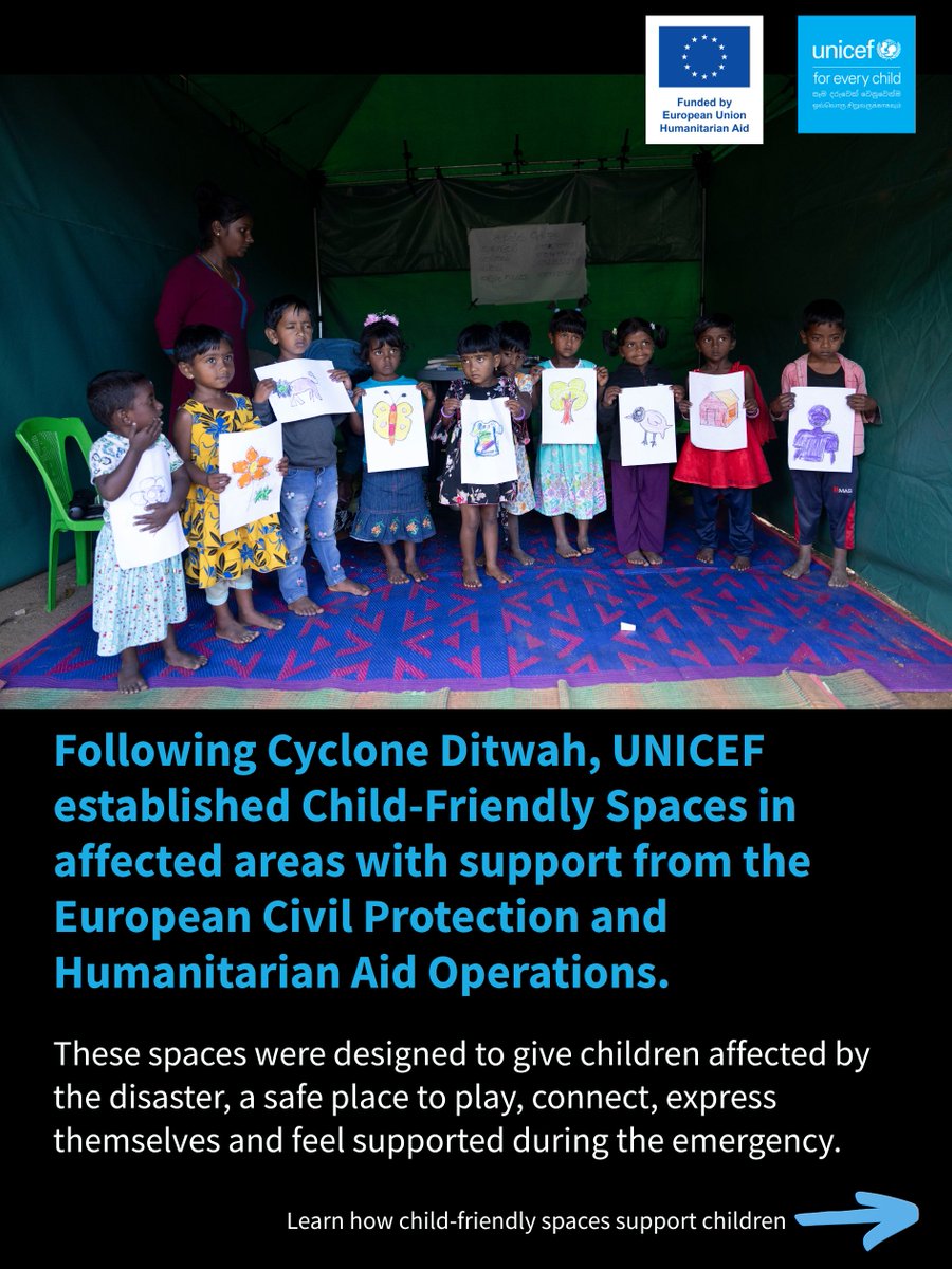 UNICEF_SriLanka's tweet photo. In an emergency, the sooner children can feel safe, and free to just be kids, the better. 💙
With support from @eu_echo , UNICEF established 42 Child-Friendly Spaces in the aftermath of #CycloneDitwah to support children's psychosocial wellbeing. 1/
#SriLanka #foreverychild https://t.co/dQh7rtlqUk