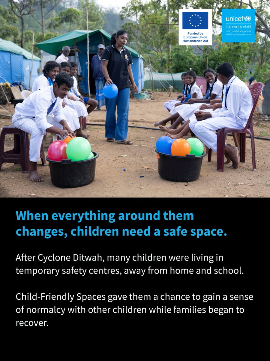 UNICEF_SriLanka's tweet photo. In an emergency, the sooner children can feel safe, and free to just be kids, the better. 💙
With support from @eu_echo , UNICEF established 42 Child-Friendly Spaces in the aftermath of #CycloneDitwah to support children's psychosocial wellbeing. 1/
#SriLanka #foreverychild https://t.co/dQh7rtlqUk