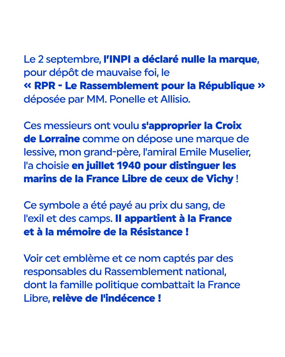 RenaudMuselier's tweet photo. Le gaullisme, c'est l'appel du 18 juin, le refus de la capitulation, la République relevée.

Ceux qui prétendent aujourd'hui s'en habiller n'en ont ni la filiation, ni la légitimité, ni le courage.

L'INPI vient de le rappeler en droit ; l'histoire l'avait déjà tranché. https://t.co/V4WCc1GnQ4