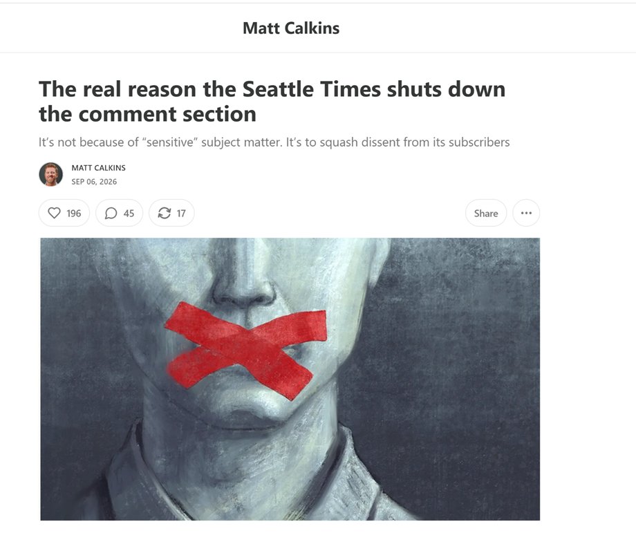 thehoffather's tweet photo. MUST READ:

Former Seattle Times columnist @Matt_Calkins describes how the outlet closes comments to hide dissenting opinions so it can force the editors' unpopular progressive worldview on readers

https://t.co/nqLxYRopv2 https://t.co/yHpm3hUL2G