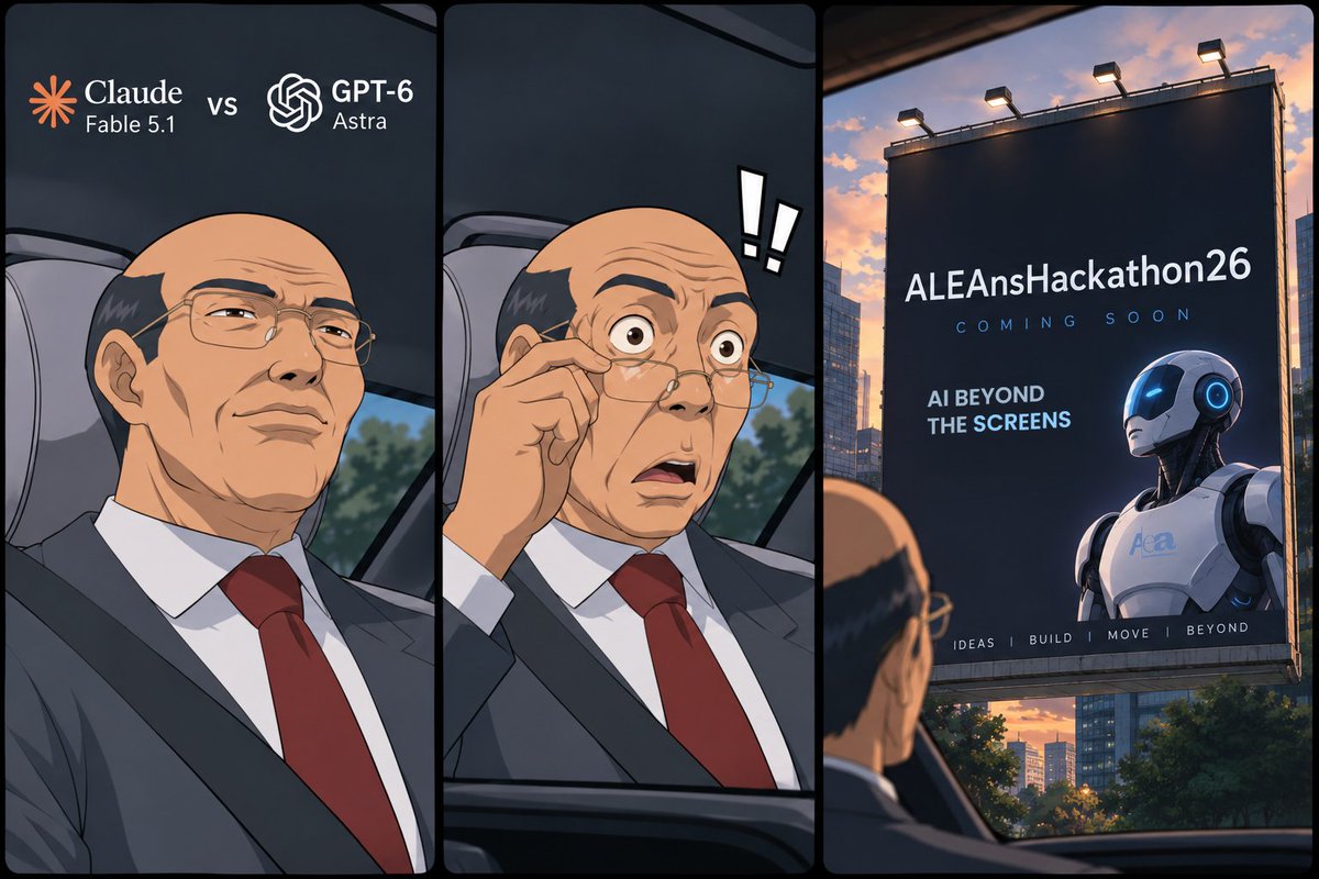 AleaIT's tweet photo. Claude Fable 5.1 vs GPT-6 Astra ⚔️
Others are busy debating which model wins.
Meanwhile, we’re asking a bigger question:
"What happens when AI leaves the screen?"
From models to machines.
AI → Robotics → Real world.
Something is coming at #ALEAnsHackathon26 👀
#AIRobotics #Robotech #robotoier #comingsoon #staytuned