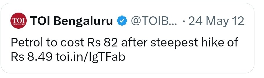 Mrsinha's tweet photo. Fourteen years later, petrol is around ₹100/litre today, up by roughly ₹1.2 a year, despite multiple global crises including COVID and the Iran/West Asia turmoil.
Even by March 2014 data, it rose by just ₹2 a year.

Now look at the Congress era.

In 2003, petrol was around ₹27–28/litre. By 2012 it had reached about ₹82/litre, an increase of ₹54–55 in nine years ; roughly ₹6 a year.

And Congress has the audacity to lecture BJP about fuel prices?