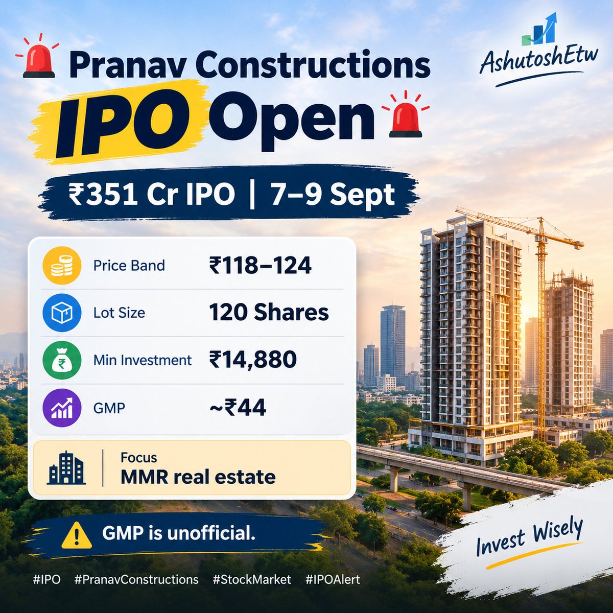 AshutoshEtw's tweet photo. 🚨 Pranav Constructions IPO Open 🚨
₹351 Cr IPO | 7–9 Sept
💰 Price: ₹118–124
📦 Lot: 120 Shares
💵 Min: ₹14,880
📈 GMP: ~₹44
🏗️ Focus: MMR real estate
⚠️ GMP is unofficial.
#IPO #PranavConstructions #AshutoshEtw #StockMarket #IPOAlert https://t.co/UMNNpDaehp