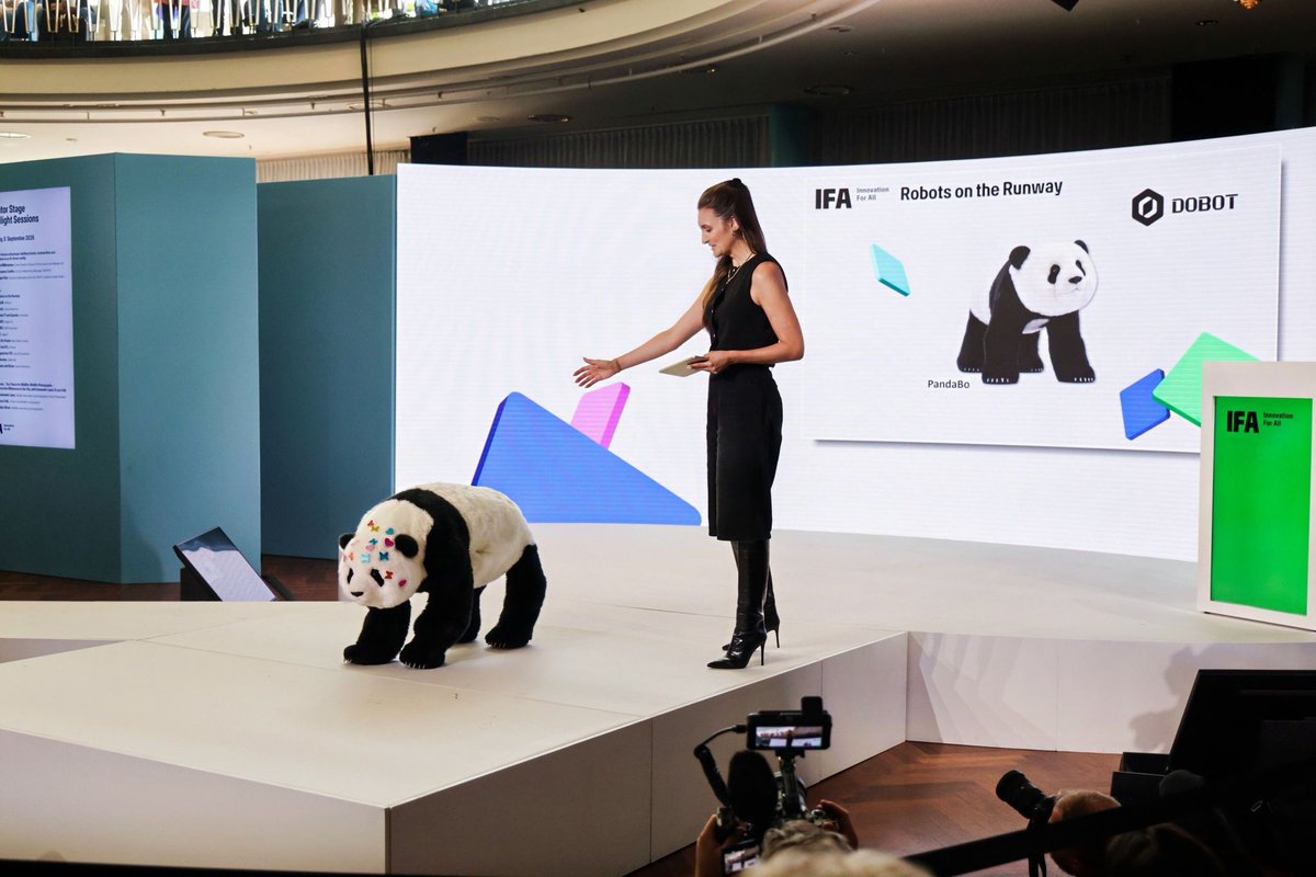 DobotRobotics's tweet photo. DOBOT on Day 2 at #IFA2026  
Pandabo opened the runway with lifelike movement and AI interaction, while LUMO closed the show with a dynamic humanoid finale.  
And yes—the performance even made BBC’s on-site coverage!
 #DOBOT #EmbodiedAI #BBC #Pandabo #LUMO https://t.co/v71G94P6My