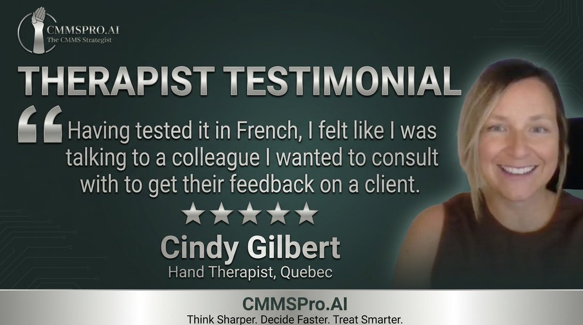 CMMSProAI's tweet photo. Cindy Gilbert, hand therapist from Quebec, tested https://t.co/8nwflUVNs4 in French.

"Having tested it in French, I felt like I was talking to a colleague I wanted to consult with to get their feedback on a client."

A thinking partner that speaks your language. Literally.

Now https://t.co/K7ZN2Oidad