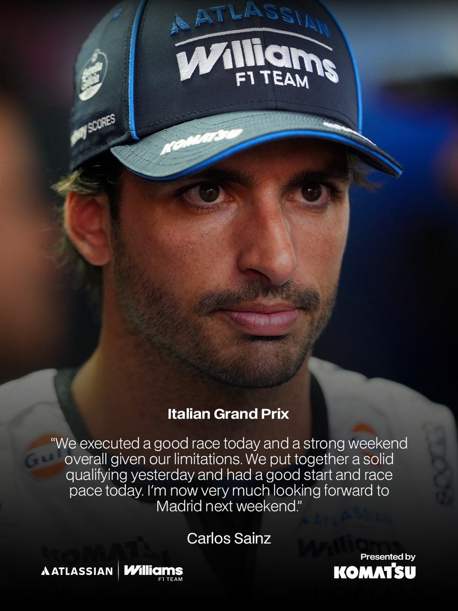 WilliamsRacing's tweet photo. "A strong weekend overall given our limitations" 

Hear from Alex and Carlos following the Italian GP 🇮🇹

Presented by Komatsu 🤝 https://t.co/RgdJhqx8uL