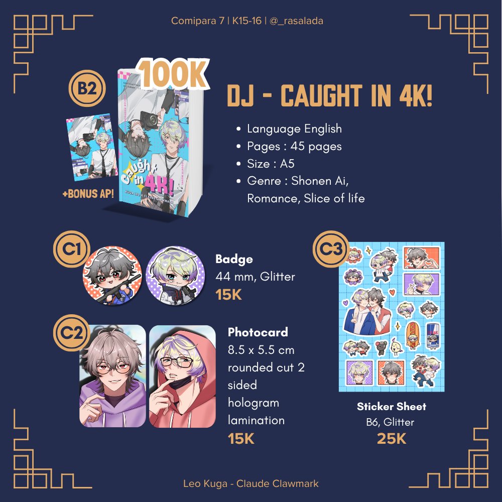 _rasalada's tweet photo. [Likes, RT &amp; shares are appreciated ˚ʚ♡ɞ˚]    

#Comipara7 Salaad's catalogue!
PO : 7 Sept - 12 Sept 2026 
Mail Order : 7-30 Sept 2026
Fandom: Nijisanji EN and #kugamark 

Doujinshi, Bookmark, Mini Uchiwa, PC, Badges, and Sticker

order link in reply! 🔽 https://t.co/JAr4cYtBwm