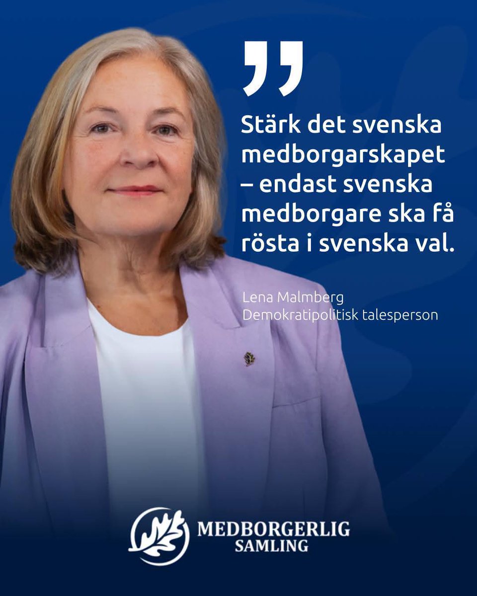 malmbergskan's tweet photo. KOPPLA RÖSTRÄTTEN TILL MEDBORGASKAPET

Idag får europeiska medborgare och utomeuropiska medborgare rösta i våra allmänna val till kommun och region. Utomeuropeiska medborgare efter endast tre år som mantalsskrivna i Sverige.

Vi i Medborgerlig Samling vill knyta rösträtten till det svenska medborgarskapet, på samma sätt som det krävs ett svenskt medborgarskap för att få rösta till riksdagen.

Men varför vill vi göra denna förändring?

För MED handlar frågan om vilken betydelse ett medborgarskap ska ha. Medborgarskapet är inte bara ett administrativt dokument. Det innebär ett formellt medlemskap i den svenska nationen och för med sig både rättigheter och skyldigheter. Vi anser därför att också rätten att delta i landets allmänna val ska vara knuten till detta medlemskap.

Demokratiska val handlar ytterst om vem som ska ges mandat att fatta beslut om vårt gemensamma samhälle: hur offentliga resurser ska användas, hur våra gemensamma institutioner ska förvaltas och vilken riktning Sverige, regionerna och kommunerna ska ta. MED anser att det är rimligt att det fulla demokratiska inflytandet genom allmänna val knyts till ett formellt medlemskap i den svenska staten. Det medlemskapet är det svenska medborgarskapet.

Redan idag krävs svenskt medborgarskap för att rösta till Sveriges riksdag. I kommun- och regionval gäller andra regler, där även personer som saknar svenskt medborgarskap under vissa förutsättningar kan rösta. MED vill att samma grundprincip ska gälla i samtliga allmänna val: svenskt medborgarskap ska vara ett krav för rösträtt. Men denna princip förutsätter också att medborgarskapet har en tydlig innebörd.

MED vill stärka det svenska medborgarskapet. För den som kommer till Sverige ska vägen till medborgarskap bygga på en varaktig anknytning till landet, respekt för vår rättsordning och förståelse för de demokratiska principer som det svenska statsskicket vilar på. Medborgarskapet ska innebära ett formellt medlemskap i den svenska staten och vara den punkt där den fulla rätten att delta i Sveriges allmänna val uppstår.

Samma princip ska gälla oavsett vilket annat medborgarskap en person har. En EU-medborgare kan bo, arbeta, betala skatt och vara en viktig del av det svenska samhället utan att vara svensk medborgare. Det förändrar inte den principiella utgångspunkten. Den som vill delta i svenska allmänna val bör först etablera den anknytning till Sverige som krävs för svenskt medborgarskap och därefter, som svensk medborgare, ha samma rösträtt som alla andra svenska medborgare.

Förslaget gör därför ingen åtskillnad mellan människor beroende på etnicitet, härkomst eller födelseland. En person som har invandrat till Sverige och blivit svensk medborgare har samma rösträtt som en person vars familj bott här i generationer. En person med dubbla medborgarskap, där ett av dem är svenskt, omfattas på samma sätt av rösträtten enligt vårt förslag.

– Medborgerlig Samling vill begränsa rösträtten i val till kommun och region till att endast gälla svenska medborgare som varit folkbokförda i Sverige i 3 år. Rösträtt för utlänningar diskuterades i Grundlagsberedningen, som förberedde 1973 års Regeringsform, men man kom fram till att icke-medborgare inte borde få rösta ens på kommunal nivå, främst med argumentet att det är svårt att dra gränser mellan kommunala och statliga politikområden.

– Socialdemokraterna lade dock några år senare fram ett förslag om rösträtt för invandrare i val till kommun och landsting, som nu heter region, vilket riksdagen enhälligt biföll. Vi anser att den ursprungliga invändningen fortfarande är legitim och till det kan man lägga risken att stora demografiska förändringar gör att makten snabbt kan förskjutas. Om nya invånare dessutom har asylbakgrund och till skillnad mot, i regel, nordiska eller EU-medborgare varken är självförsörjande eller klarar av att språkligt följa med i samhällsdebatten, blir maktförskjutningen än mer problematisk. Principiellt borde rösträtten i lokalval vara densamma som i riksdagsval, men EU-regler gör att alla EU-medborgare har rätt att rösta i lokalval, något Medborgerlig Samling även vill begränsa av samma skäl som för alla utländska medborgarskap.

Medborgerlig Samlings politik innebär alltså att stärka medborgarskapet samtidigt som människors ursprung inte ska avgöra deras tillhörighet till Sverige. Svenskt medborgarskap ska inte handla om etnicitet eller födelseland. Det ska handla om medlemskap i den svenska samhällsgemenskapen, med de rättigheter och skyldigheter som följer av detta.

För MED handlar frågan därför inte om vilka människor som ska få rösta utifrån vilka de är eller varifrån de kommer. Frågan är vilka demokratiska rättigheter som ska följa av medlemskapet i den svenska staten.

Det är den principen som ligger bakom Medborgerlig Samlings demokratipolitiska förslag.