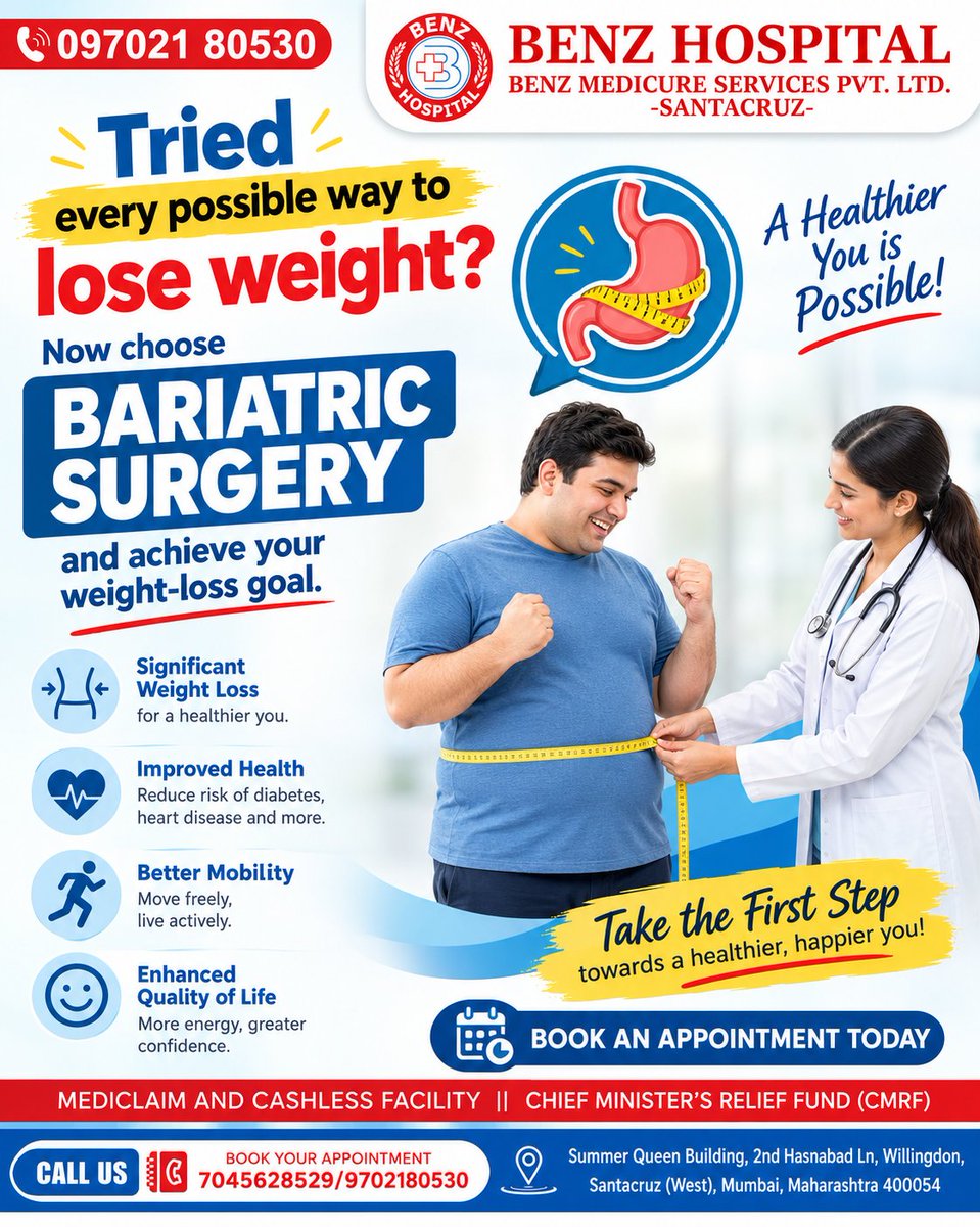 BenzHospital's tweet photo. ⚖️ Tried every possible way to lose weight? Take the next step toward a healthier you with Bariatric Surgery.
#BariatricSurgery #WeightLoss #HealthyWeight #ObesityTreatment #WeightLossJourney #BetterHealth https://t.co/uPfDqfkonV