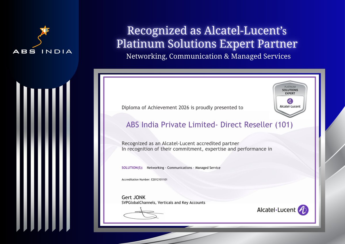 ABSIndia1's tweet photo. BS INDIA PVT LTD recognized as Alcatel-Lucent Enterprise's Platinum Solutions Expert Partner.

ABS INDIA PVT LTD , Sunil Arora, Supria Dhanda

#accreditation #platinumpartner #platinumsoultions
#solutionspartner #achievement #recognition
#partner #business #proudmoment https://t.co/mwR9kRUTMI