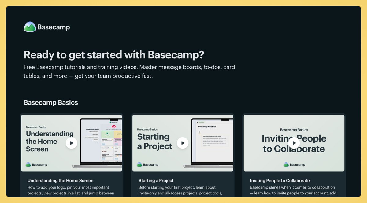 gaborpinterweb's tweet photo. #Webdesign idea from #Basecamp for #SaaS builders

Publish tutorial videos for your product.

Basecamp breaks onboarding into bite-sized videos.

Way less intimidating than a single 20-min walkthrough video or a long documentation website. https://t.co/yN9ewzAWzu