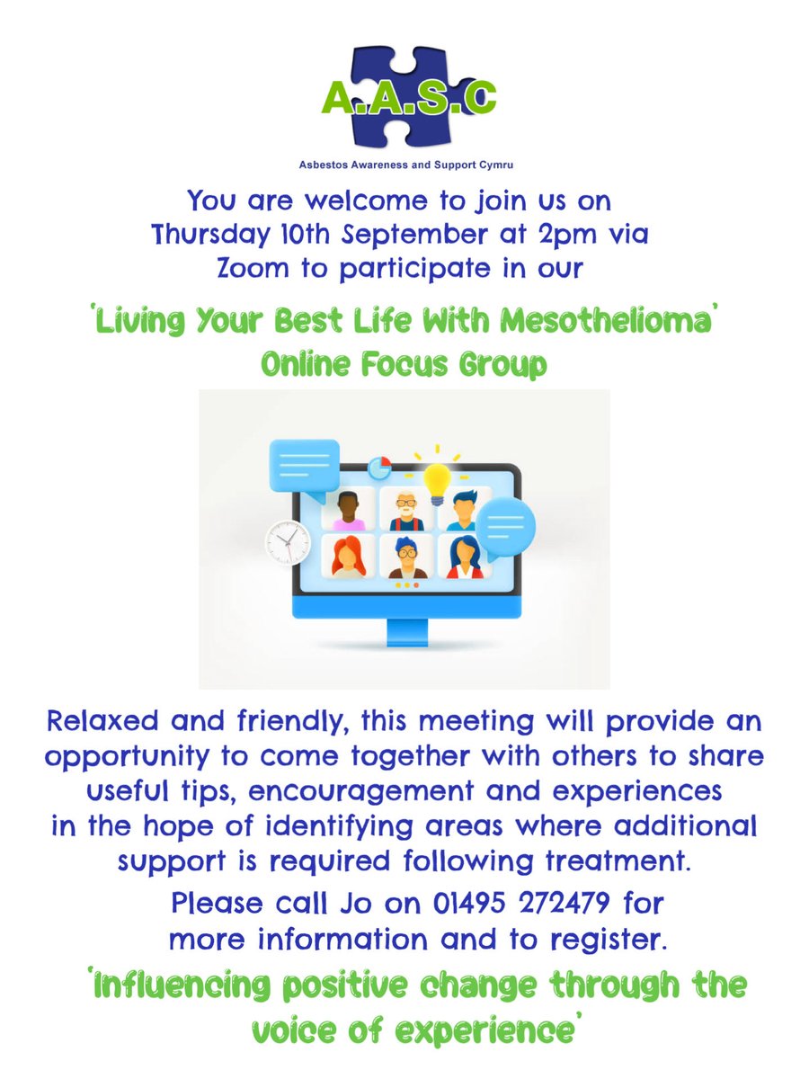 AASC2's tweet photo. We welcome all who are living with #mesothelioma in #Wales to join our online ‘Living Your Best Life with Mesothelioma’ #FocusGroup on Thursday 10th September at 2pm. We look forward to welcoming Amanda Matthews (Meso UK Specialist #Nurse for Wales) @Mesouk . Please share! https://t.co/06zk4HzvZT