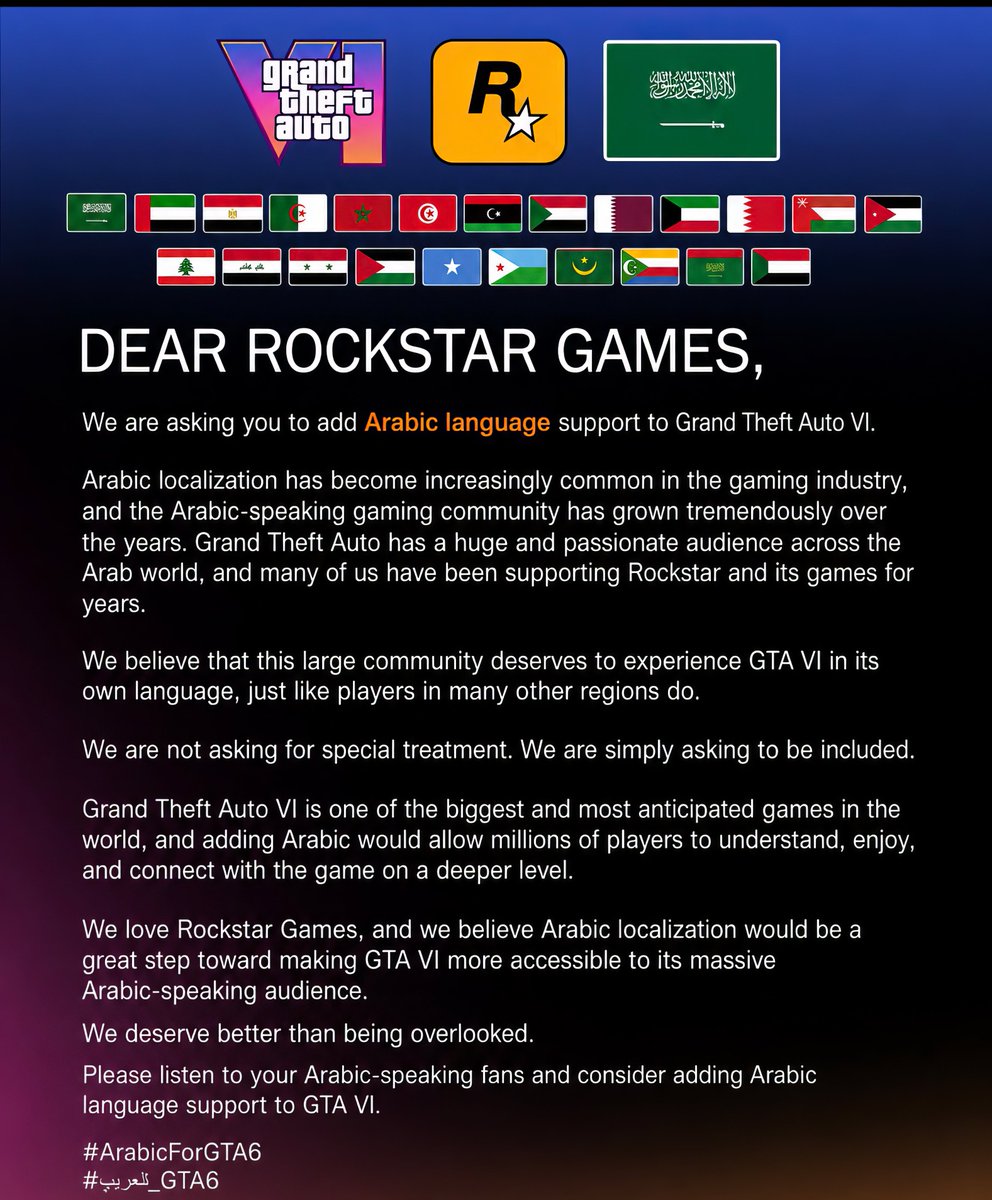 R3XQ8's tweet photo. We will never stop campaigning for Arabic and Turkish localization in GTA 6.

This movement is not only about Rockstar — it’s about all gaming companies that ignore these two essential languages.

Look at Turkey: when Turkish was added to 007, sales skyrocketed.

Meanwhile, the Arab community asked for Arabic, but companies ignored us — and that lack of respect hurt sales, despite our love for these games.

Nothing will stop us.

With your support and engagement, our voices will reach every gaming company.

We are not asking for something difficult — just translation of menus and text, not even dubbing.

It’s 2026, and we are still demanding localization.

Why do gaming companies continue to ignore the Arab community after all these years?

Thank you to everyone who stands with us. Your support means everything, and I will never forget it.

@RockstarGames @RockstarSupport
#ArabicForGTA6 #WeWantGTA6inTurkish