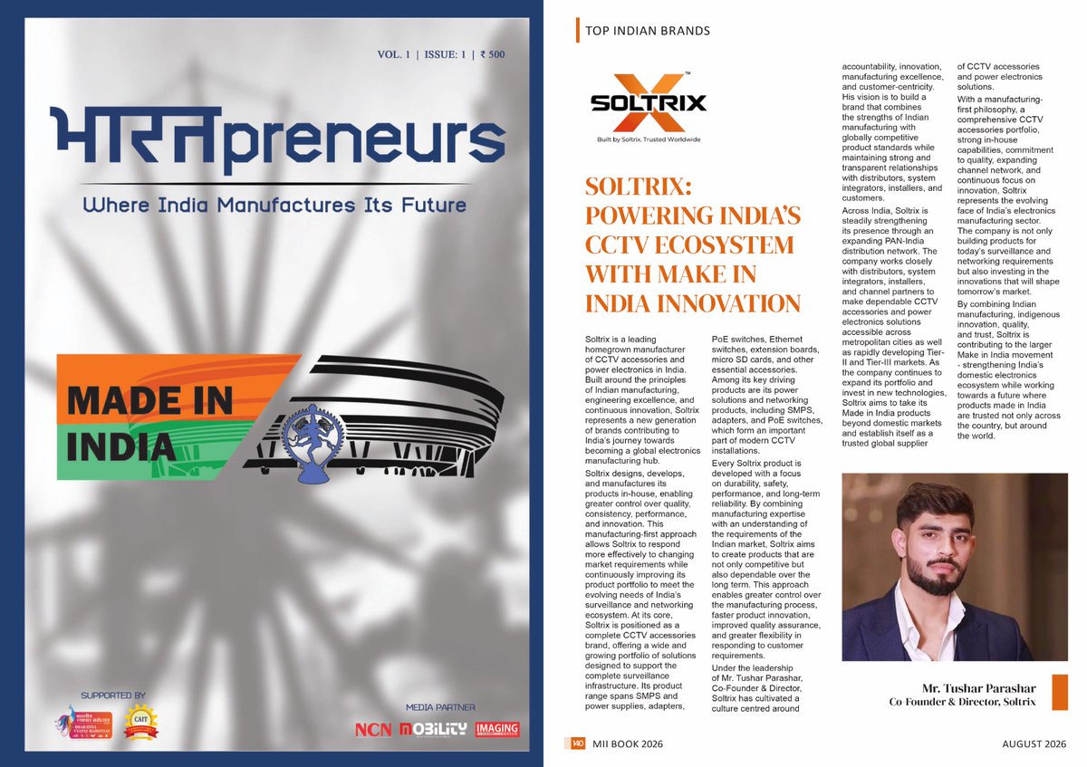 ncnmagazine's tweet photo. NCN is proud to feature Mr. Tushar Parashar, Co Founder & Director, Soltrix, in the BHARATpreneurs Brand Book 2026.
Make in India – Champions of Bharat Brand Book 2026 Link: https://t.co/BWGTNhrBxR
#Soltrix #BVM2026 #MakeInIndia #VyaparMahotsav #AtmanirbharBharat #MSMEGrowth https://t.co/8ALVQ9Lh3n