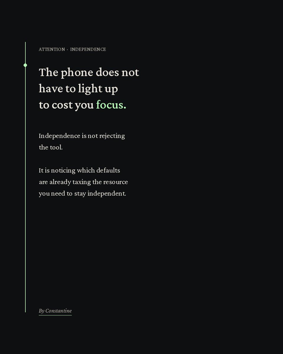ByConstantine_'s tweet photo. The phone does not have to light up to cost you focus.
Research on attention keeps returning to the same quiet finding: an object within reach draws on limited cognitive control even when it stays dark and silent. No notification required. The mere possibility is enough.
Most of us treat this as a willpower problem. It is usually an environment problem that starts earlier — the ordinary decision to leave the device on the desk or in the pocket before the work that actually needs judgment begins.
In a world where AI can handle more of the routine, the remaining human work is precisely the part that demands sustained attention: deciding what matters, comparing, revising, owning the conclusion. That capacity is finite. Proximity spends it before you notice.
Independence is not rejecting the tool.
It is noticing which defaults are already taxing the resource you need to stay independent.