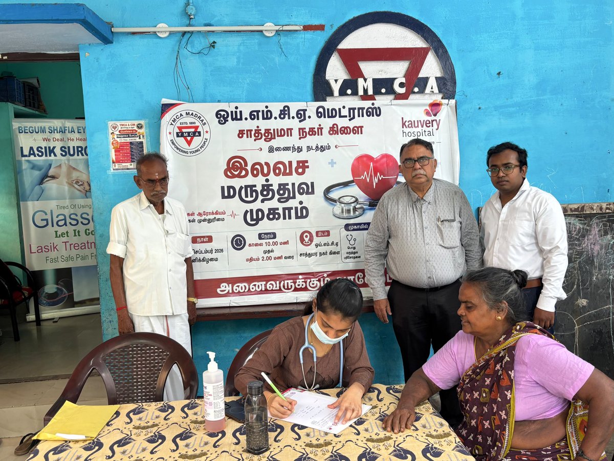 MadrasYmca's tweet photo. YMCA Madras – Sathuma Nagar Branch, in association with Kauvery Hospital &amp; Begum Shafia Eye Care, organised a Free Medical &amp; Eye Camp. 🏥👁️ Around 112 community members benefited from eye screening and health services, promoting early care &amp; health awareness.

#YMCA #EyeCare https://t.co/eaMrBxHqOd