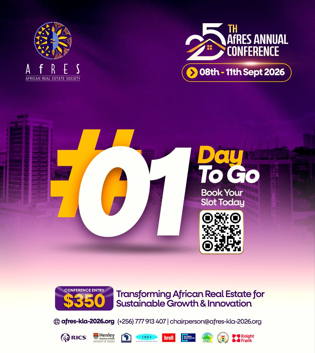 AfRES2026's tweet photo. ONE DAY TO GO! 🇺🇬
Tomorrow, 400+ delegates from across Africa &amp; the globe gather in Kampala for the 25th AfRES Annual Conference.

Four days of ideas, insights, networking &amp; conversations shaping the future of African real estate.

#AfRESAnnualConference2026 https://t.co/23F9aP2mu2