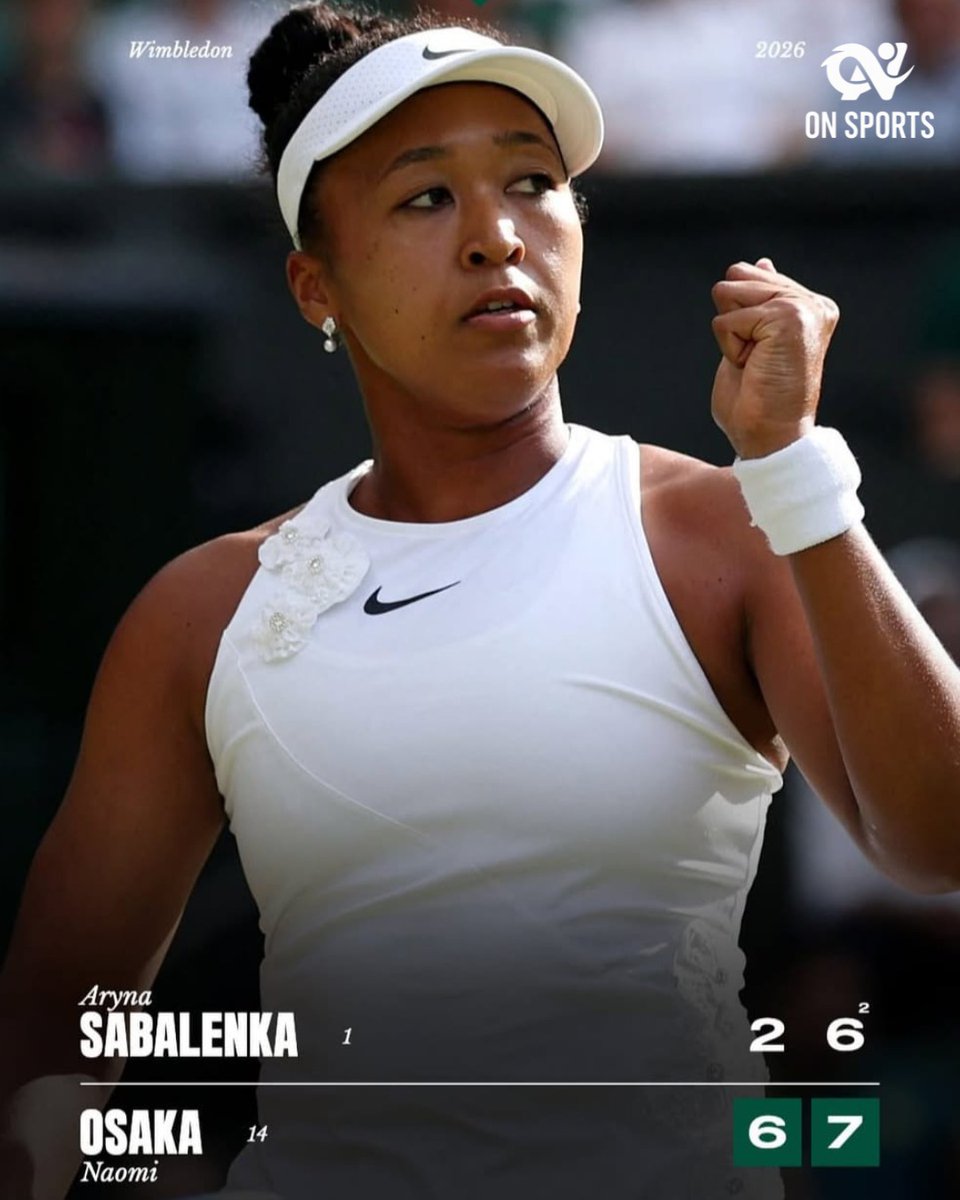 RachaelDiffley's tweet photo. Naomi Osaka stunned world No. 1 Aryna Sabalenka 6-2, 7-6(2) to reach her first Wimbledon quarterfinal. She ended Sabalenka’s 121-match Slam set streak and 21-match Major tiebreak streak, firing 8 aces without facing a break point. https://t.co/nToIor4QIW