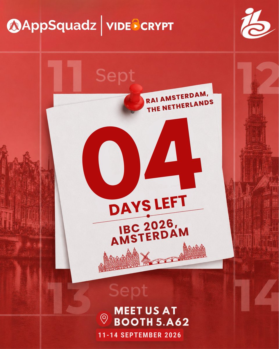 appsquadz's tweet photo. 4 days to IBC 2026! AppSquadz returns for its third consecutive year at IBC.

Explore:
• VideoCrypt AI Suite
• Integrated Newsroom
• OTT &amp; Streaming Suite
• Sports Streaming
📍 Hall 5, Booth 5.A62 | RAI Amsterdam
🔗 Book a meeting: https://t.co/tAD07HcCwf https://t.co/t8pl4U6k9I