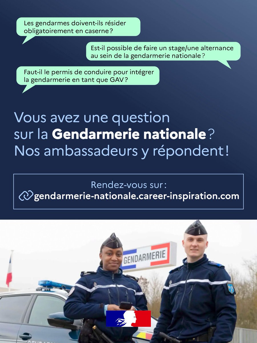 Interieur_Gouv's tweet photo. Les métiers de la @Gendarmerie vous intéressent ?

Nos ambassadeurs répondent à toutes les #questions que vous vous posez !👮

Rendez-vous sur ➡️ https://t.co/x79FHdw3DV

#ChoisirLeServicePublic https://t.co/tdaC6KK41p