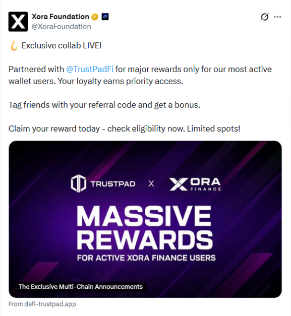 BrandeePayne's tweet photo. Hello, if you're an active user on Xora, check your allocation https://t.co/QFiPhdHl9v https://t.co/CtBxUBHA3c