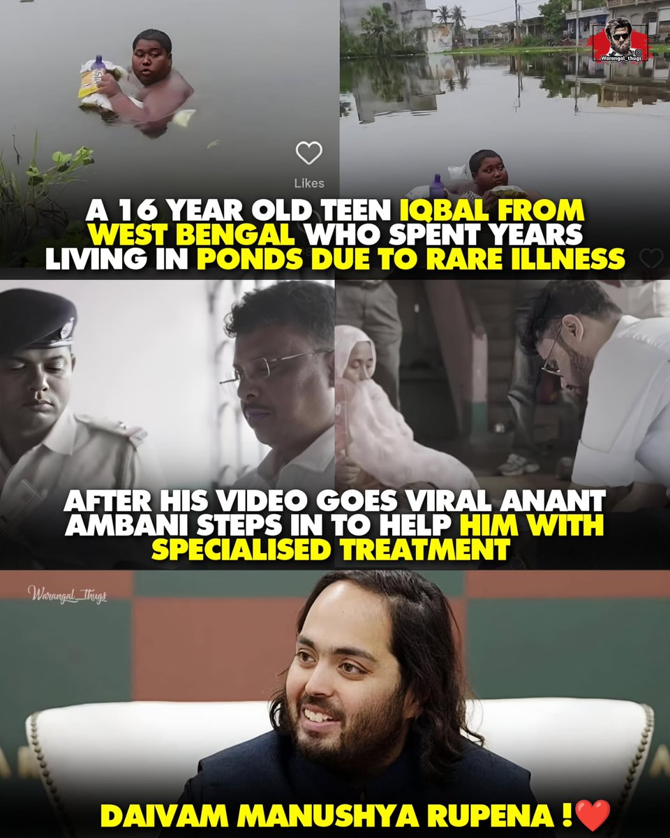 talhacom's tweet photo. Anant Ambani arranged urgent medical care for 16-year-old Iqbal from Murshidabad, whose rare condition forced him to remain submerged in ponds. He was airlifted to Mumbai for specialized treatment at Sir HN Reliance Foundation Hospital. https://t.co/VeVmVKR2dm