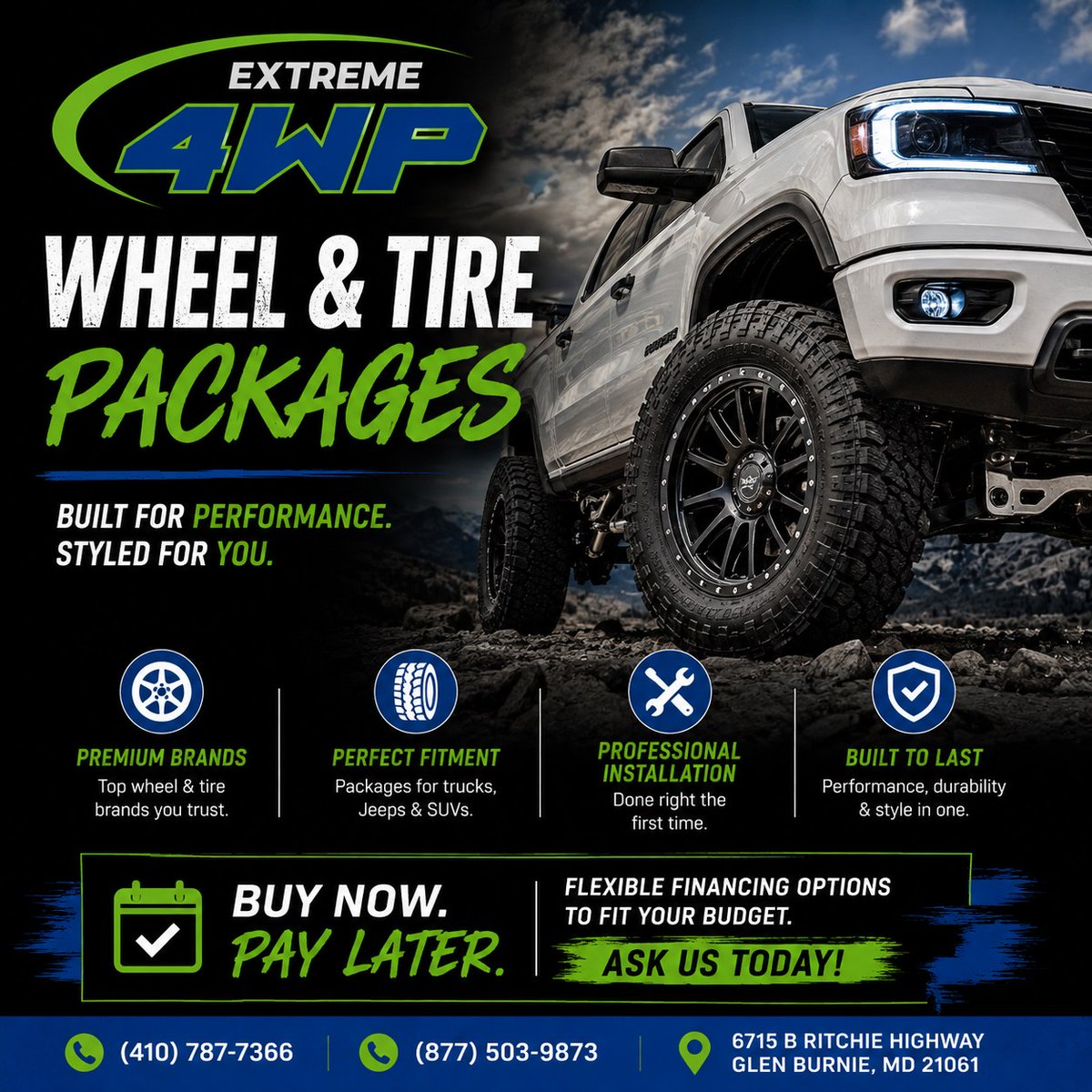 JacobCzach1xd2's tweet photo. WHEEL &amp; TIRE PACKAGES — BUILD YOUR TRUCK YOUR WAY. Transform your truck, Jeep, or SUV with the right setup. Extreme 4WP offers premium brands, custom packages, proper fitment, professional installation, and flexible financing. Call or message us to https://t.co/AlvWBYwzU0