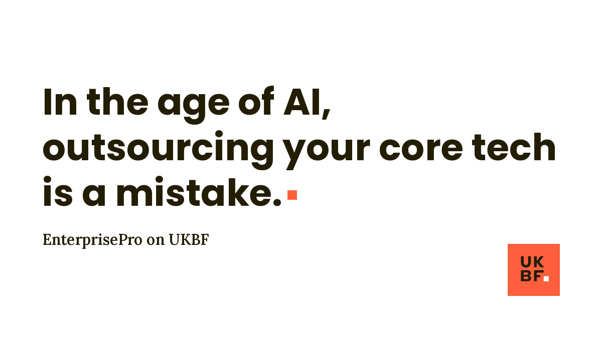 ukbizforums's tweet photo. "In the age of AI, outsourcing your core tech is a mistake."

UKBF on paying anyone to build your product. A developer who spends his days cleaning up other people's code replies: "A PoC is not a production system."

https://t.co/ctMer6oXoi

#ukbf #ai #smallbusiness https://t.co/PVv3bLszkS