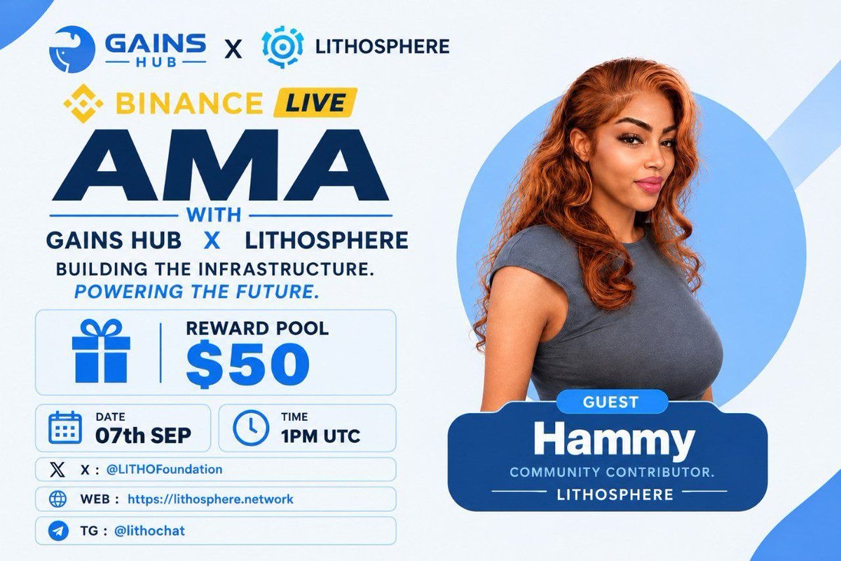 GainsHub_'s tweet photo. 🔥Big News for the Crypto Community!🔥

We’re excited to announce our upcoming Binance Live AMA with @LITHOFoundation
Venue:- https://t.co/ErX5itddAb

🗓 Date:07th September  
⏰ Time:1PM UTC
🎁 $50Awaits!

1️⃣Follow @LITHOFoundation &amp; @GainsHub_  
2️⃣ Like &amp; Retweet and Comment https://t.co/34U9l6ZDib